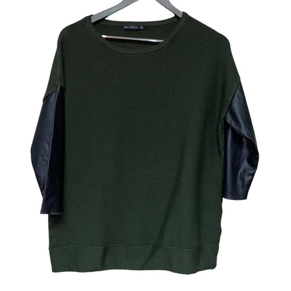 Zara Tops - Zara Knit Green Sweater Faux Leather Sleeve Women's Size Large